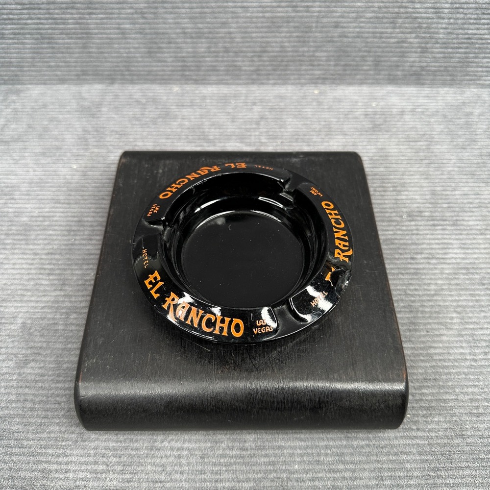 Vintage El Rancho Hotel Las Vegas Ashtray Black Glass Orange Lettering 4.25 Inch